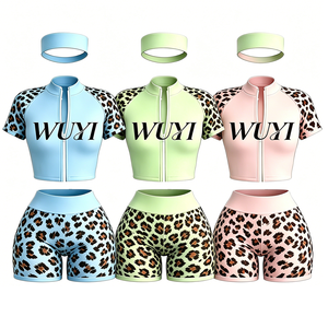 Ensemble de sport décontracté 2 pièces pour femme, imprimé léopard, à capuche, manches longues, haut et short longs, en maille, avec logo personnalisé, été, taille XXS - Product Image 2