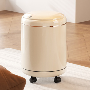 Cylindrical Trash Can With Lid And Wheels Creamy White Indoor Waste Bin For Living Room Kitchen Bathroom Bedroom - Product Image 1