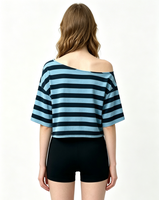 T-shirt court rayé à épaules dénudées pour femme - T-shirt décontracté ample à manches courtes imprimé 89
