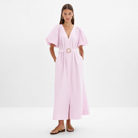Robe midi rose pour femme, col en V, boutonnée sur le devant, manches bouffantes, ceinturée, coupe trapèze avec poches, vente en gros