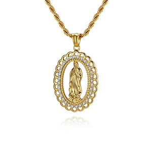 <b>Titanium</b> Steel Gold Plated Virgin Mary Pendant Necklace With Diamond Pave Setting Unisex Fashion Jewelry Gift - Product Image 1