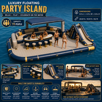 Plateforme flottante gonflable personnalisable avec château aquatique, toboggan, auvent, canapé et table pour projets de location en hôtels, complexes hôteliers et lacs