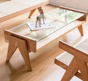 最小风格实木咖啡桌，带玻璃顶部，用于客厅矩形轻咖啡桌