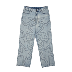 Jean baggy taille mi-haute en denim avec motifs étoiles, bleu clair délavé, coupe large, pour un style streetwear hip-hop - Product Image 3