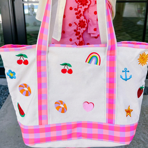Bolso tote de playa con estampado de guinga, venta al por mayor, regalo para damas de honor, bolso de hombro, bolso tote de lona bordado estilo Ballpark - Product Image 1
