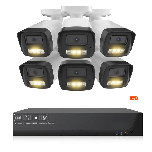 8CH 5.0MP Tuya Smart APP Outdoor Bullet POE H.265 NVR POE CCTV AI IP Cameras NVR Kits Human/Car Motion Detection 6-Pack Cams