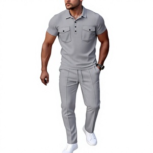 Men's Winter Solid Casual Fleece Knitted Short Sleeve Polo Shirt Set Customized Options Pockets Matching Pants Breathable High - Product Image 1