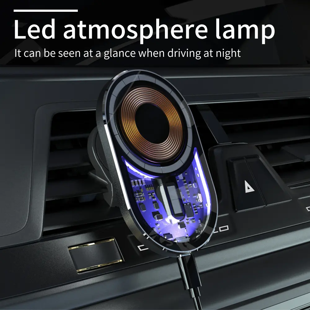 High Tech Transparent Design Led Atmosphere Lamp 15W Vehicle Mounted Magnetic Multifunction Fast Charging Wireless Car Charger