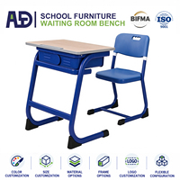 Ensemble bureau et chaise d'école en acier bleu foncé avec compartiment de rangement imitation bois, mobilier de classe moderne