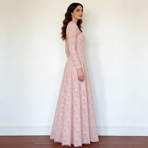Robes pour femmes, rose clair, col halter, col cœur, manches longues, tissu en dentelle, taille corset, élégante, <span class=keywords><strong>robe</strong></span> de soirée maxi pour femmes - Product Image 4