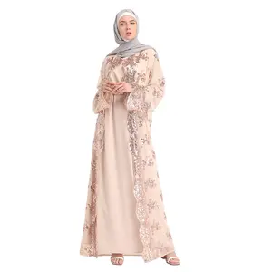 2020 Abaya Dubai Muslim Girls Kleid Islamische Kleidung Zarte Langarm Spitze Nahtlos Bestickte Pailletten