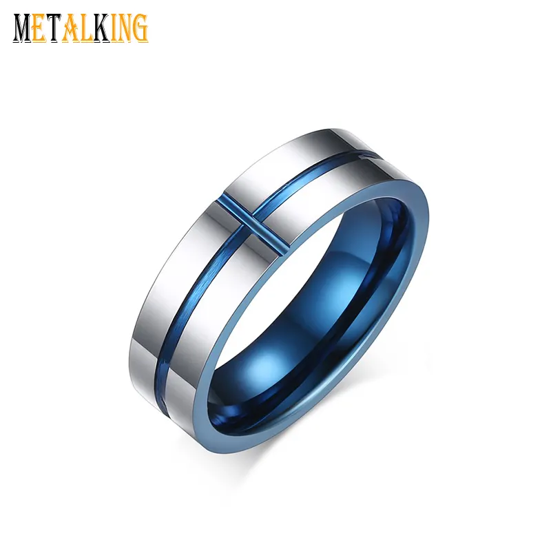 6mm Blue Tungsten Carbide Cross Ring for Men Women Jewelry Wedding Band Comfort Fit