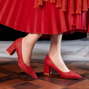 Escarpins de mariage à bout pointu 6555G, en dentelle, talon carré, chaussures de mariée hautes - Product Image 4