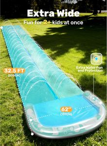 Toboggan aquatique double piste turquoise avec arroseur et 2 planches de surf pour enfants – Course en plein air dans le jardin - Product Image 2