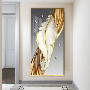 Nordische Luxus abstrakte Wand kunst goldene weiße Federn Leinwand Kunstdruck Goldband Poster Wohnkultur Kristall Porzellan Malerei