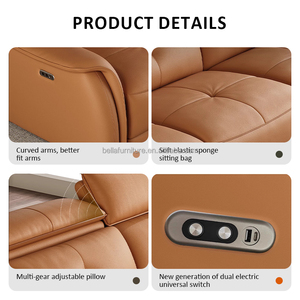 Sofá reclinable eléctrico sencillo y moderno con reposacabezas ajustable Tapicería de cuero genuino y marco de madera Capacidad para tres personas - Product Image 3