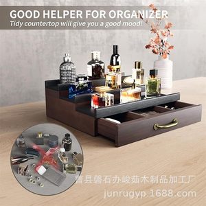 Wooden Cosmetic <b>Storage</b> Rack Desktop Tiered Perfume Holder With <b>Drawers</b> Jewelry <b>Box</b> Rectangle 3 Floors Multipurpose - Product Image 4