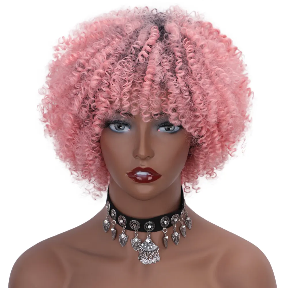 Hairjoy — perruque Afro synthétique avec frange pour femmes noires, chevelure bouclée et crépue, résistante à la chaleur, sans dentelle, rose ombré, vente en gros