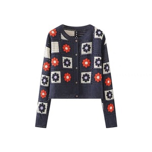 Cárdigan de punto floral para mujer, manga larga, cuello redondo holgado, bordado calado, estilo primavera-otoño - Product Image 2