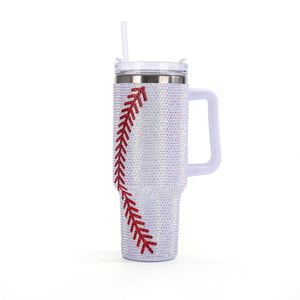Customize Football Tumbler 40oz Stainless Steel Insulated Diamond Bling Rhinestone Cup with Handle <b>Straw</b> Lid Glitter Water Mug - Product Image 4