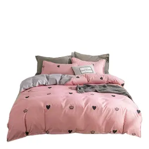 Pink Color Hearts Printed 80GSM Soft Brushed Peach Skin Micro Polyester 4 PCS Bedding Set For Girl Bedroom