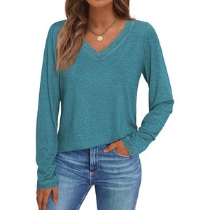 Automet, camisetas informales de talla XL para mujer, camisetas de manga larga con encaje, cuello en V, bonitas camisetas básicas transpirables holgadas para Otoño e Invierno - Product Image 1