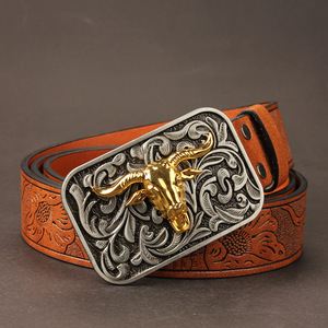 Multi-Designs Femmes Western Horse Cowboy <span class=keywords><strong>Ceinture</strong></span> en cuir PU Hommes Floral Gravé Bull Buckle Belts - Product Image 3