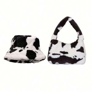 Conjunto de Bolso y Sombrero con Estampado de Vaca y Peluche para Niñas, Estilo Informal, Ecológico, para Uso Diario y Fiestas, 100% Nuevo - Product Image 2
