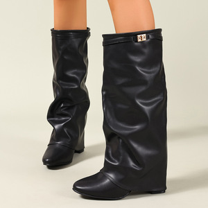 Nouvelles Bottes Mi-Mollet <span class=keywords><strong>Femme</strong></span> Automne-Hiver 2026 à Boucle Métallique Pointue, Talons Épais, Bottes Pantalon Tendance - Product Image 5