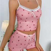 Nouvel ensemble de pyjama deux pièces pour femme en spandex/polyester imprimé floral, style décontracté, sexy, pour la maison