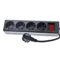 Stop Kontak Industri EU 4 Lubang dengan Saklar Kontrol Lampu Merah, Schuko 2-Pin Tipe-G, Panjang 1.5m, Hitam, 16A, PVC
