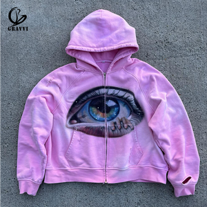 Maßgefertigter Airbrush-Augen-Grafik Reißverschluss-<span class=keywords><strong>Hoodie</strong></span> in Rosa Oversized Vintage-Waschung Streetwear Distressed <span class=keywords><strong>Raglan</strong></span>-Ärmel - Product Image 2