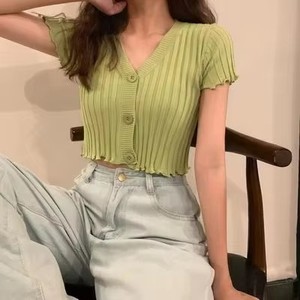 Stile coreano <span class=keywords><strong>Slim</strong></span> <span class=keywords><strong>Fit</strong></span> Sweet Ladies lavorato a maglia a maniche corte t-Shirt da donna <span class=keywords><strong>cardigan</strong></span> <span class=keywords><strong>cardigan</strong></span> con scollo a V - Product Image 6