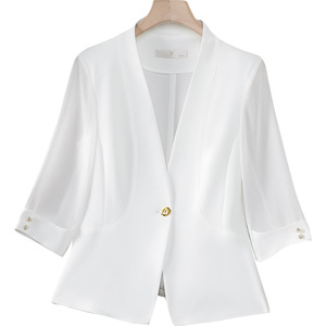 Women's Summer Thin Blazer Jacket Set Chiffon Mesh Three Quarter Sleeve Suit Dress Solid Color Splicing Design - Product Image 5