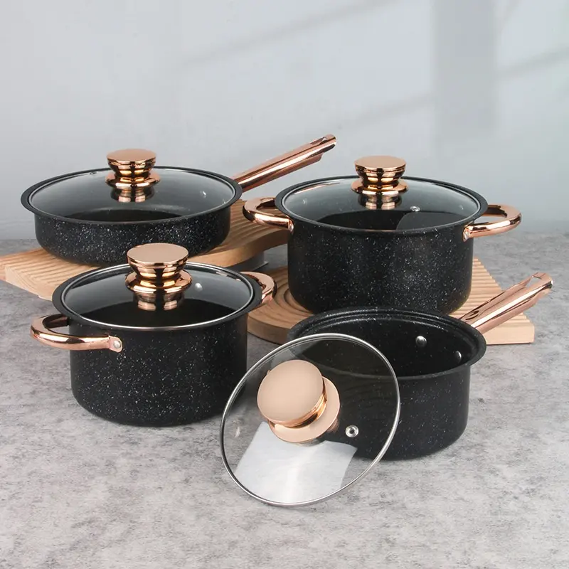 Hot Sale 8 Pieces Conjunto De Panelas De Ferro Fundido Pot E Pan Set Medical Stone Non Stick Cooking Pot Set Com Tampa De Vidro