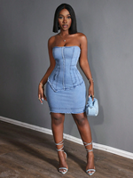 Robe Décontractée Personnalisée d'Été en Denim Extensible avec Poches, Jupe Courte sans Dos en Jean, Tenue Quotidienne, Modèle sans Col