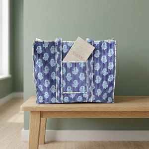 Sac fourre-tout en coton à motif floral bleu, fermeture éclair isolée, style élégant, sac de shopping pour femme toutes saisons - Product Image 3