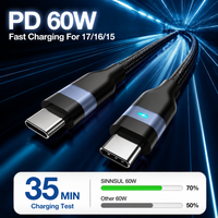 Câble USB-C vers USB-C tressé en nylon avec indicateur LED PD 60W, cordon de charge rapide 3A pour iPhone 17 16 Pro Max Samsung S26 MacBook