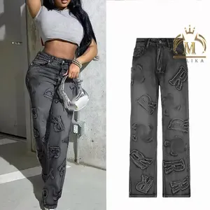 Yüksek sokak mektup nakış Baggy kot gevşek yüksek bel kot kore tarzı rahat Hip Hop düz Denim kot pantolon kadın