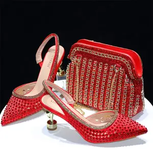 Conjunto de zapatos y bolsos italianos de diseño de boda, hermosos zapatos de cristal de alta calidad, bolso a juego, Material PU, zapatos de tacón para mujer