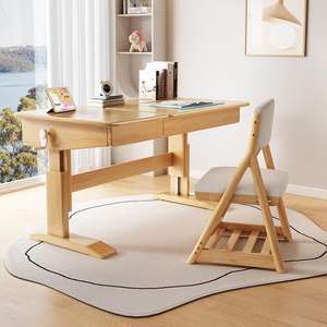 Bureau de travail ergonomique relevable pour les élèves du primaire et du secondaire Table d'étude en bois massif Chaise à hauteur réglable en bois élégant - Product Image 2