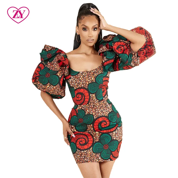 colourful ankara summerwear African mini gown with puffy sleeves Ankara bell sleeve dress African clothing for women