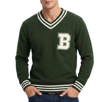 Pull-over en tricot pour homme, 100% coton, personnalisé, style universitaire, avec logo en patch chenille, col en V, rayé, style preppy, automne-hiver, vente en gros