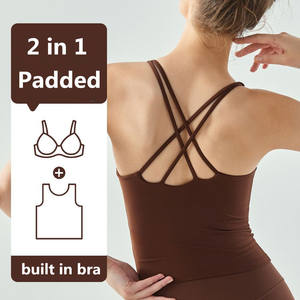 Camiseta sin mangas <span class=keywords><strong>de</strong></span> Yoga para mujer, estilo largo, Media Copa fija con almohadillas para el pecho, cuello en U, ropa deportiva ajustada para Fitness <span class=keywords><strong>de</strong></span> calle, chaleco <span class=keywords><strong>de</strong></span> gimnasio - Product Image 4