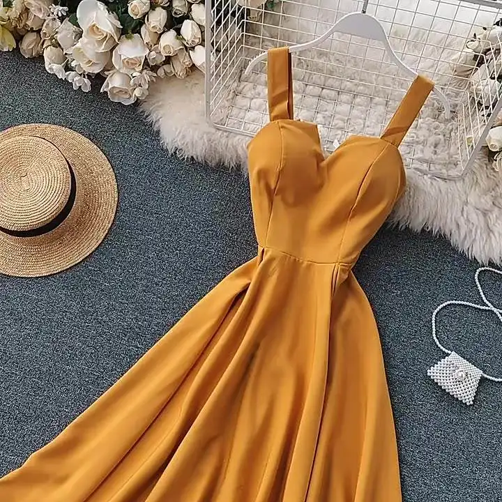 Custom Summer Women V-Neck Sleeveless Backless Retro Solid Color Long Women Casual Dresses