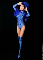 Body Sexy à plumes en strass pour femmes, bleu, + jupe, tenue de bal Club, Costume de danse de scène, vêtements de Performance,
