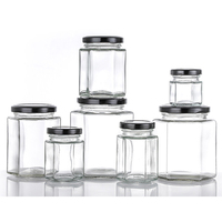 Grosir toples penyimpanan makanan heksagonal, toples kaca, Jam, madu, toples penyimpanan makanan dengan tutup logam, 100ml 180ml 280ml 380ml