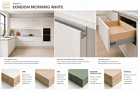 Cuisine complète sur mesure, armoires blanches en noyer, poignées contrastées, éclairage LED sous-armoires