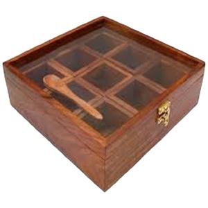 Natural finished solid wood piece box square handmade wooden spice box with 9 containers at cheap price