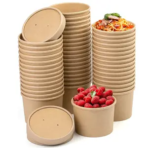 Disposable Kraft Soup Noodle Cups Biodegradable Dessert Containers Brown Soup Deli Pots with Lids